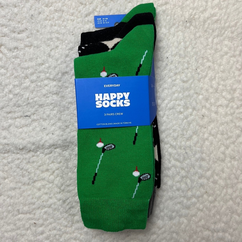 Happy Socks Crew Socks Unisex M 8-12 Green Golf Argyle 3 Pairs Everyday Cotton